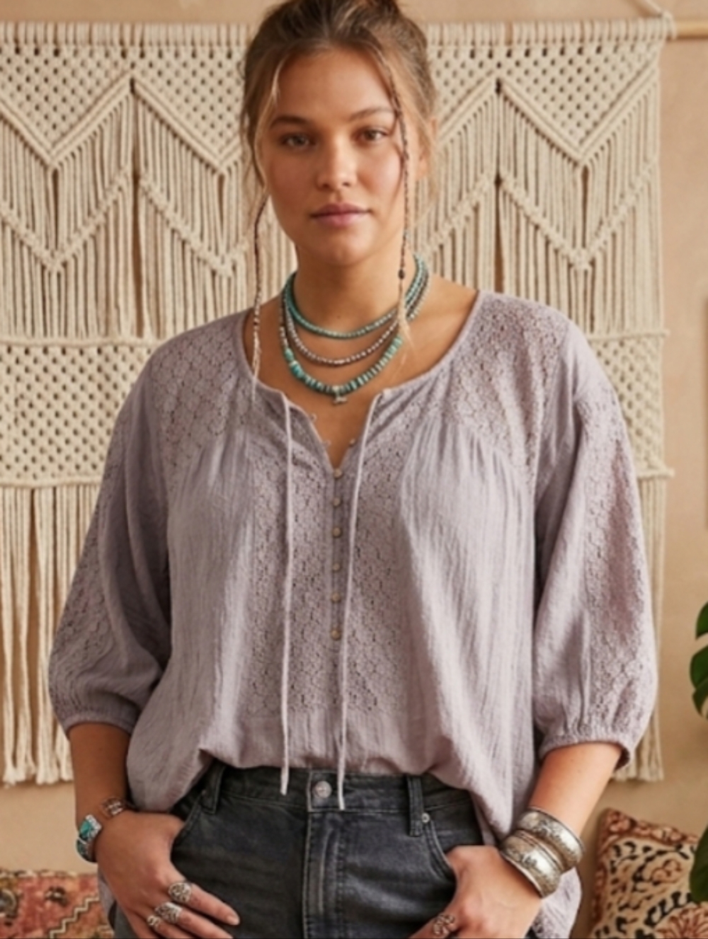 Free People Lace Panel Blouse Size S